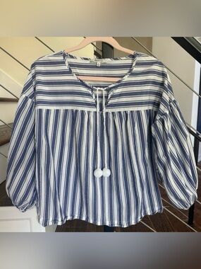 Madewell Striped Peasant Blouse Top Shea Stripe Tassel Tie 100% Cotton | Size: